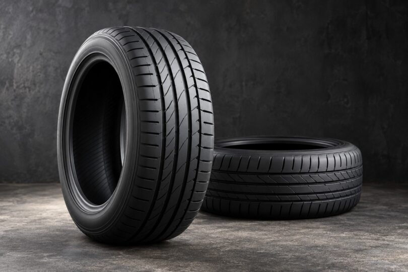 Two unbranded low-profile tires without wheels, one upright and one lying flat