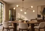Illustration of a generic branching ceiling light above a walnut dining table