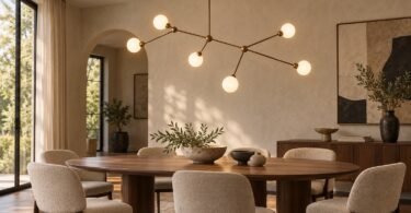 Illustration of a generic branching ceiling light above a walnut dining table