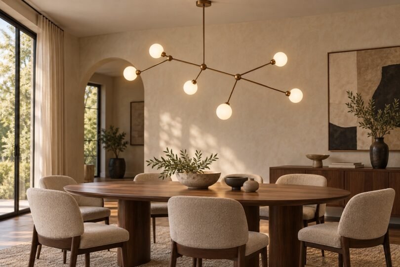 Illustration of a generic branching ceiling light above a walnut dining table