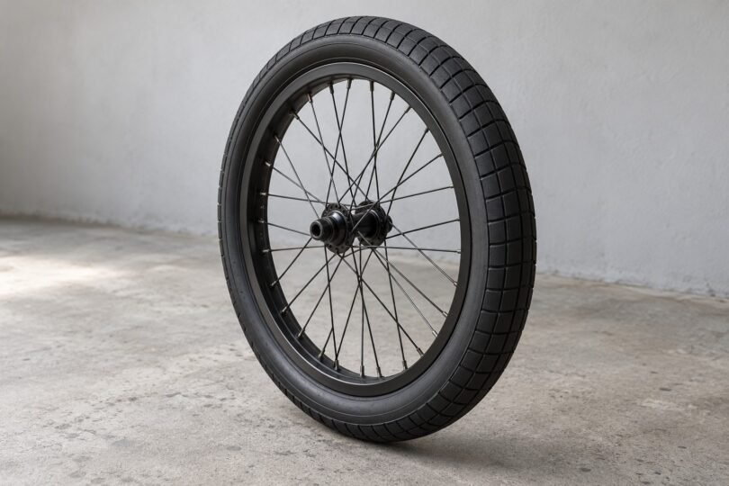 Illustration of unbranded black BMX-style tire mounted on a spoked wheel against a gray workshop wall