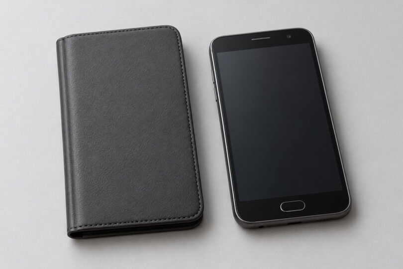 Closed unbranded charcoal folio cover beside a generic older smartphone with a blank screen and physical home button