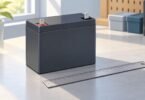 Illustration of a generic unbranded sealed battery with two flat terminals and a ruler on a work surface.