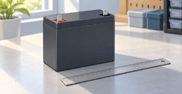 Illustration of a generic unbranded sealed battery with two flat terminals and a ruler on a work surface.