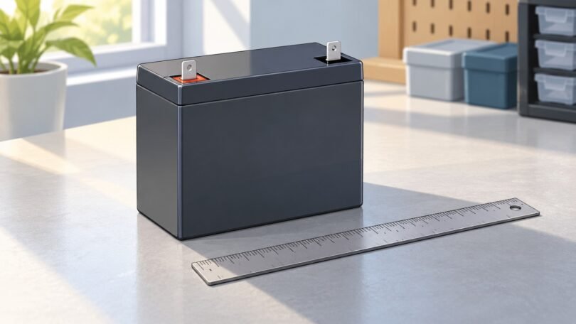 Illustration of a generic unbranded sealed battery with two flat terminals and a ruler on a work surface.
