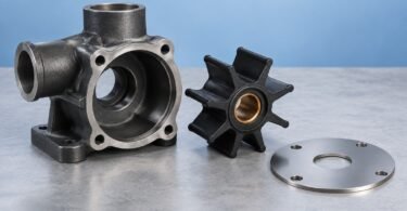 Illustration of an unbranded dark pump housing beside a black impeller and circular metal wear plate on a gray surface.
