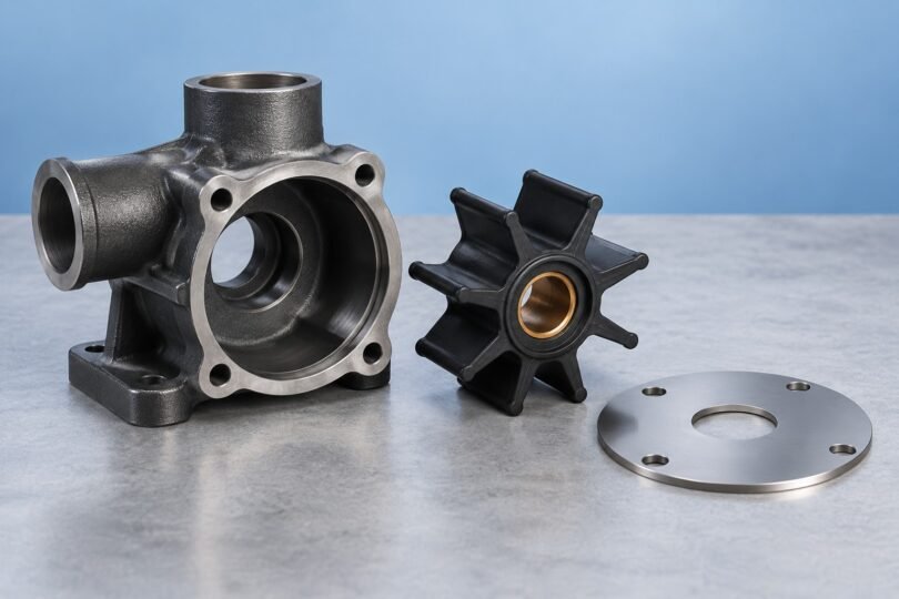 Illustration of an unbranded dark pump housing beside a black impeller and circular metal wear plate on a gray surface.