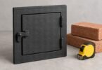 Illustration of a generic black chimney cleanout door and frame beside bricks and a tape measure.