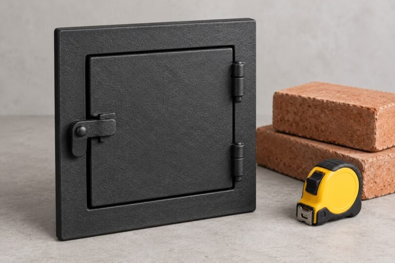Illustration of a generic black chimney cleanout door and frame beside bricks and a tape measure.