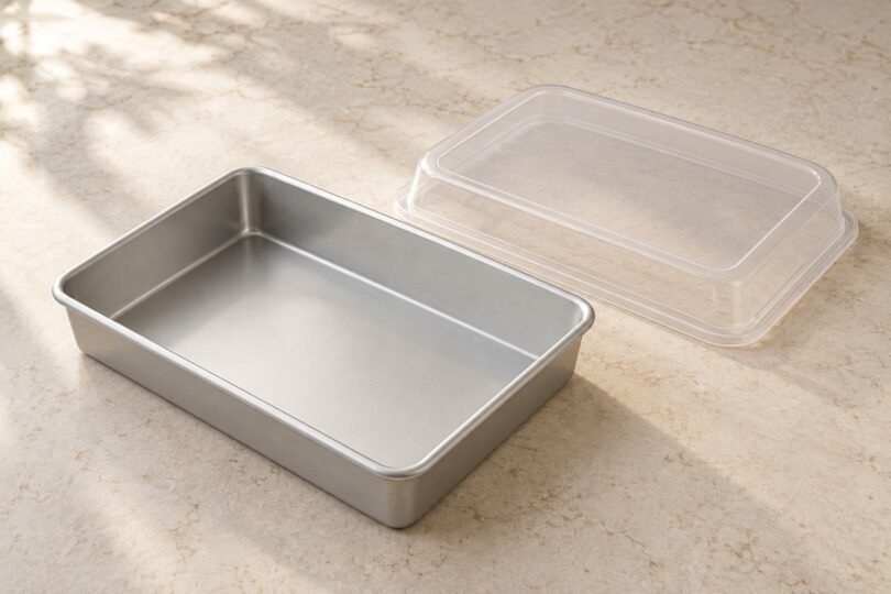 Illustrative unbranded rectangular metal cake pan with a separate clear storage lid on a pale countertop
