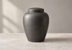 Illustration of a plain closed charcoal-colored urn on a pale stone tabletop