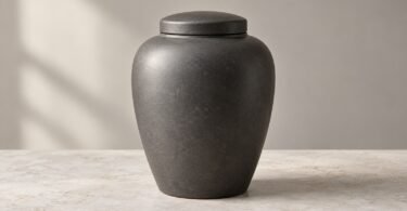 Illustration of a plain closed charcoal-colored urn on a pale stone tabletop