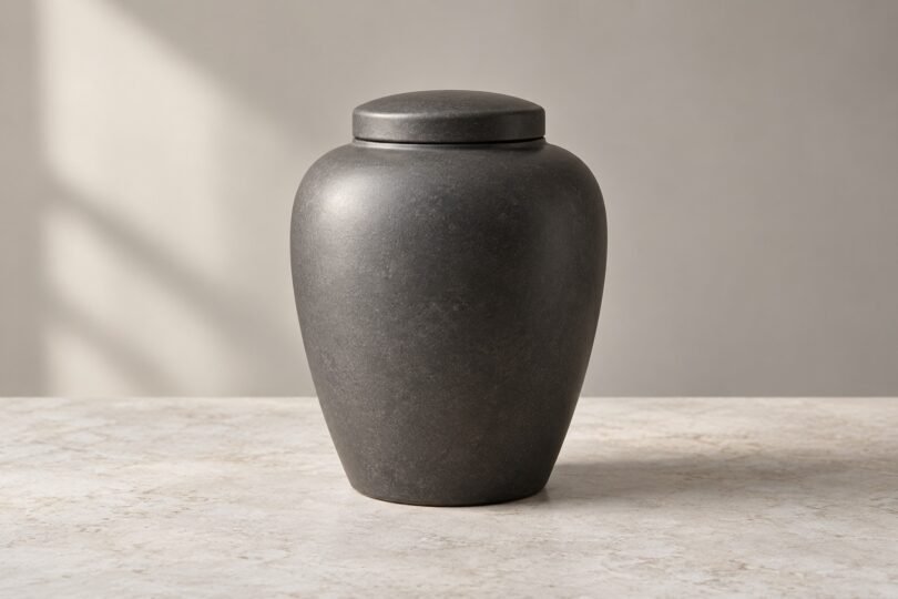 Illustration of a plain closed charcoal-colored urn on a pale stone tabletop