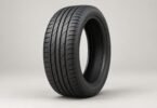 Illustration of an unbranded black low-profile tire standing upright on a pale studio surface