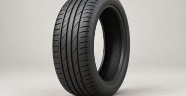 Illustration of an unbranded black low-profile tire standing upright on a pale studio surface