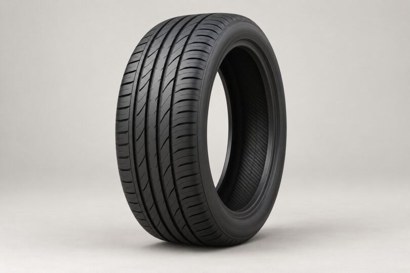 Illustration of an unbranded black low-profile tire standing upright on a pale studio surface