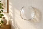 Empty round transparent wall vessel against a cream wall beside houseplants.