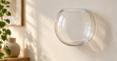 Empty round transparent wall vessel against a cream wall beside houseplants.