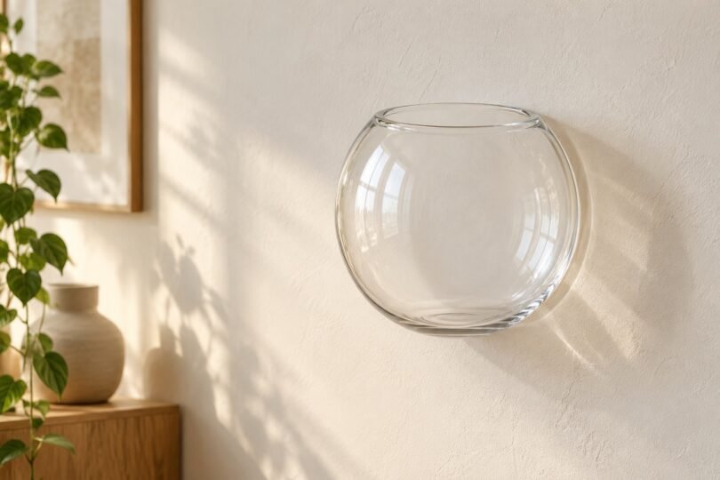Empty round transparent wall vessel against a cream wall beside houseplants.