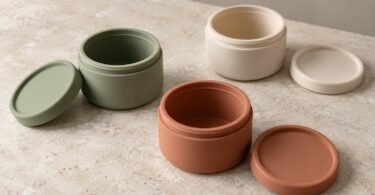 Three empty green, terracotta and cream silicone containers with their lids beside them on a pale stone tabletop.