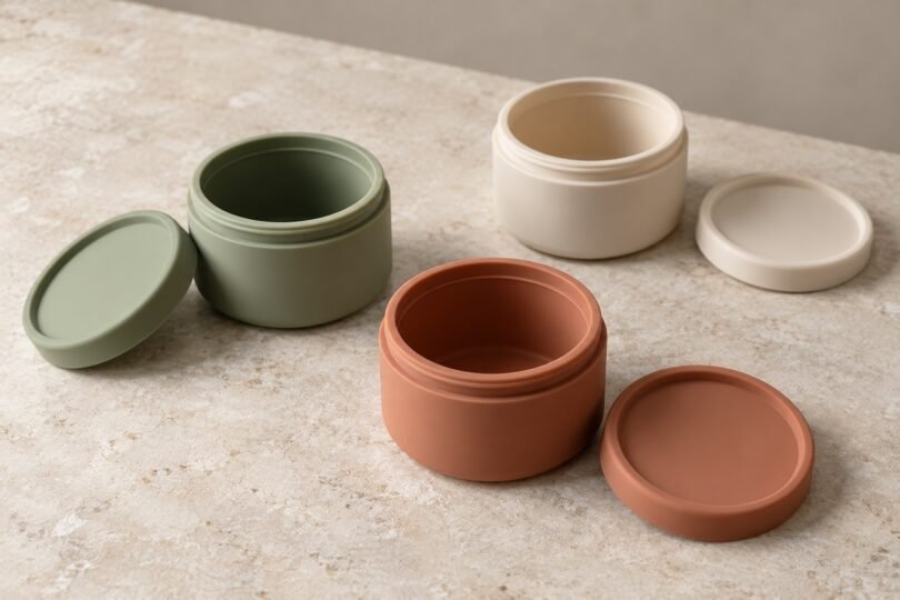 Three empty green, terracotta and cream silicone containers with their lids beside them on a pale stone tabletop.