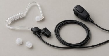 Illustration of a generic acoustic-tube earpiece, lapel microphone, cable, and spare tips.