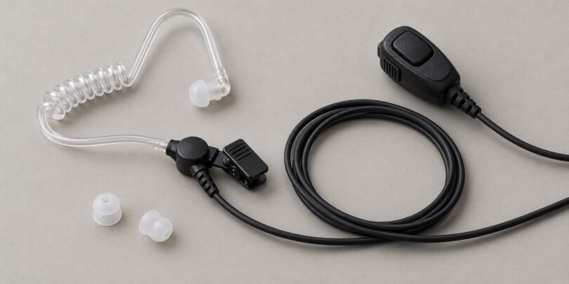 Illustration of a generic acoustic-tube earpiece, lapel microphone, cable, and spare tips.