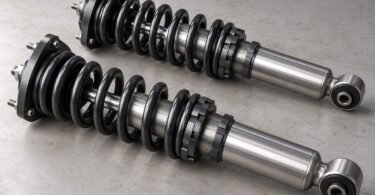 Two unbranded coilover shock-and-spring assemblies on a gray workbench