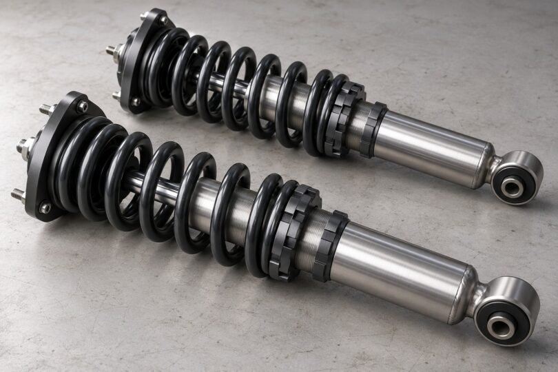 Two unbranded coilover shock-and-spring assemblies on a gray workbench