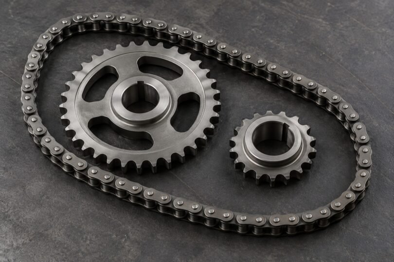 Illustration of a generic roller chain and two separate steel sprockets on a dark workshop surface.