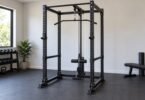 Unoccupied black power cage with a rear cable attachment and pulldown bar in a bright gym.