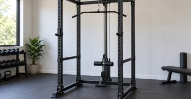 Unoccupied black power cage with a rear cable attachment and pulldown bar in a bright gym.