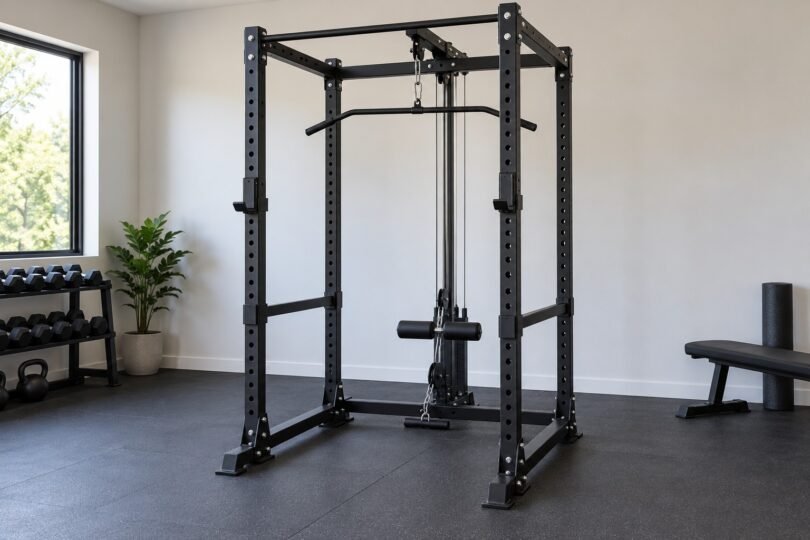 Unoccupied black power cage with a rear cable attachment and pulldown bar in a bright gym.