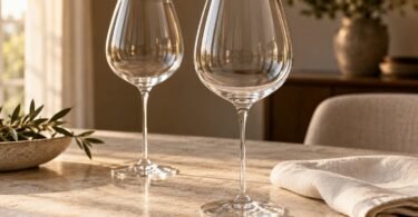 Two empty long-stem wine glasses on a stone tabletop beside an ivory linen napkin