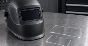 Illustration of an unbranded welding helmet and two clear protective lens covers on a workbench.
