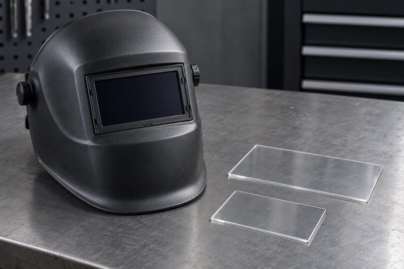Illustration of an unbranded welding helmet and two clear protective lens covers on a workbench.