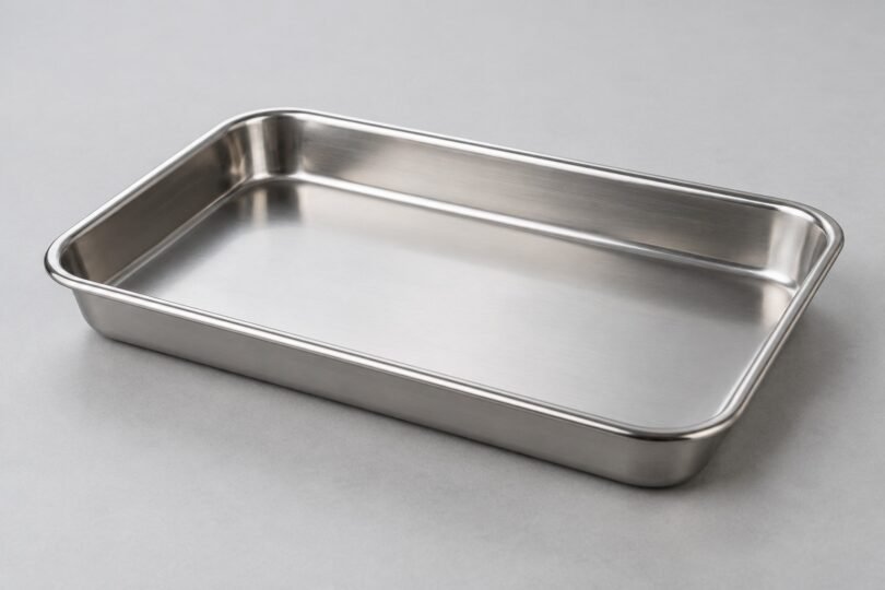 An empty rectangular stainless steel tray with rounded corners on a light gray surface