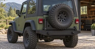 Generic illustration of an olive two-door off-road vehicle with a black rear bumper and closed swing-out spare tire carrier outside a workshop.