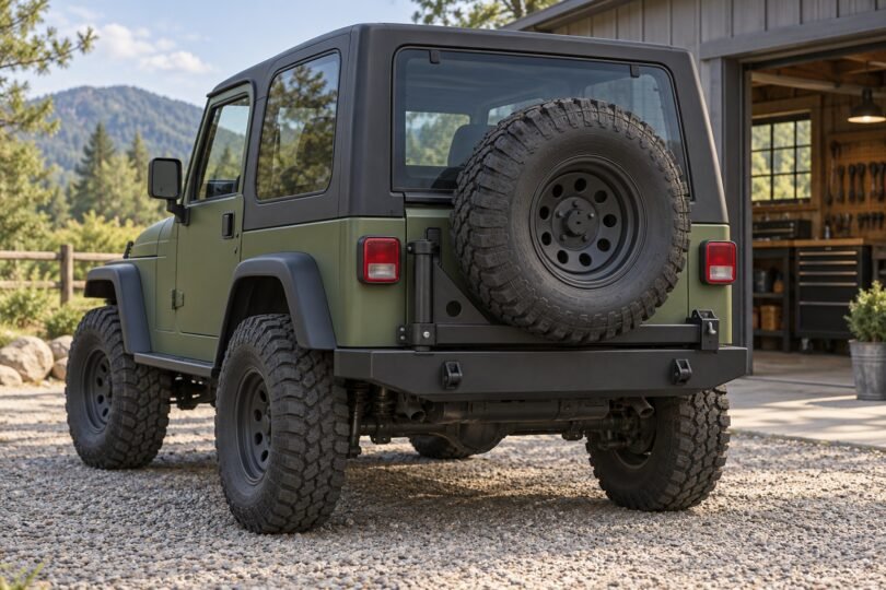 Generic illustration of an olive two-door off-road vehicle with a black rear bumper and closed swing-out spare tire carrier outside a workshop.