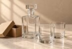 An empty clear glass decanter and two empty tumblers beside an open kraft gift box on a pale stone surface.