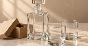 An empty clear glass decanter and two empty tumblers beside an open kraft gift box on a pale stone surface.