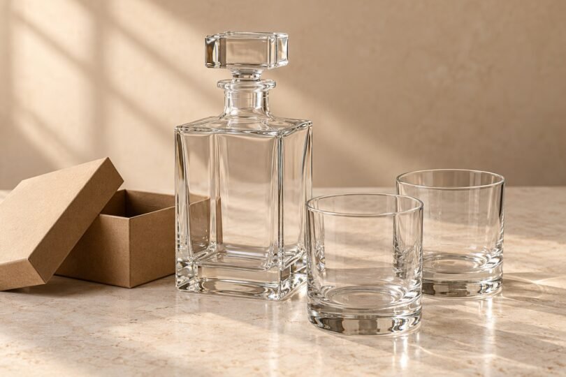 An empty clear glass decanter and two empty tumblers beside an open kraft gift box on a pale stone surface.