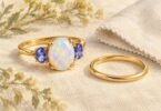 Illustration of a yellow-metal ring with an opalescent center and blue-violet side stones beside a plain band and soft cloth.