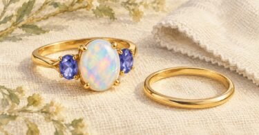 Illustration of a yellow-metal ring with an opalescent center and blue-violet side stones beside a plain band and soft cloth.