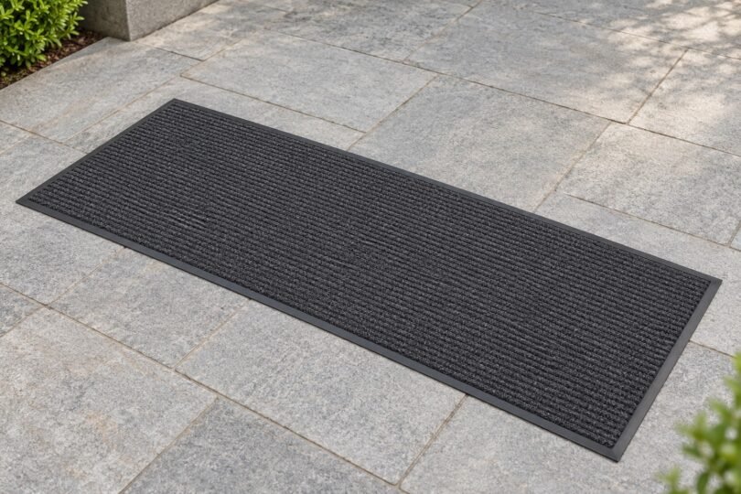 Illustrative unbranded charcoal entry mat lying flat on pale outdoor stone pavers.