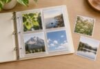 Open cream ring binder holding square nature photographs in clear pockets with two loose prints beside it