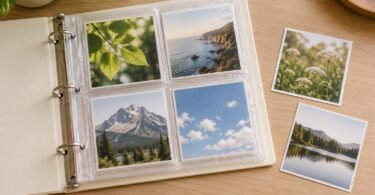 Open cream ring binder holding square nature photographs in clear pockets with two loose prints beside it