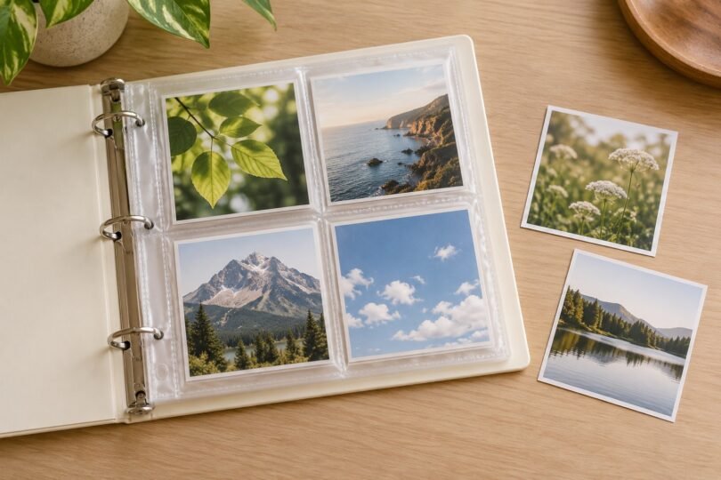 Open cream ring binder holding square nature photographs in clear pockets with two loose prints beside it