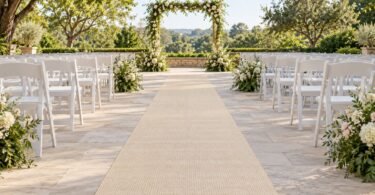 Illustration of empty outdoor wedding aisle with a cream runner on a level stone patio between white chairs