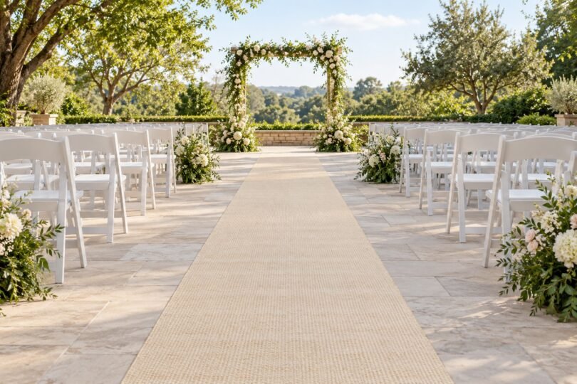 Illustration of empty outdoor wedding aisle with a cream runner on a level stone patio between white chairs